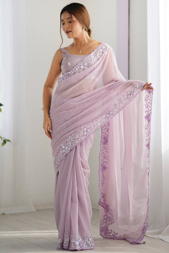 Pleasant Lavender Sequins Georgette Festival Wear Saree With Blouse