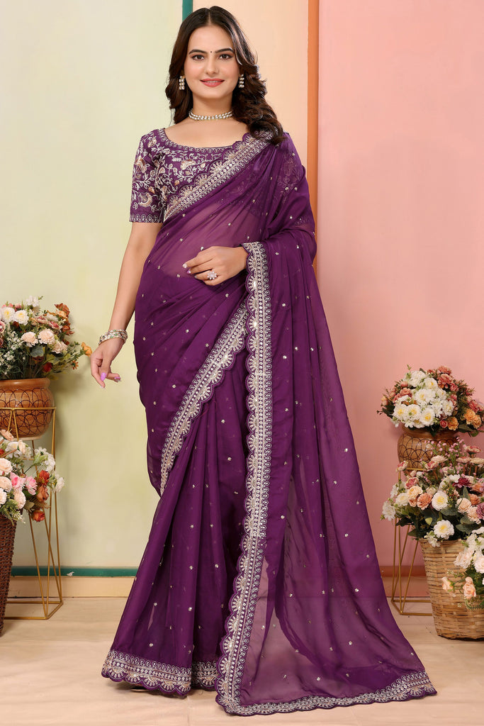 Alluring Wine Zari Embroidered Organza Party Wear Saree With Blouse