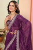 Alluring Wine Zari Embroidered Organza Party Wear Saree With Blouse