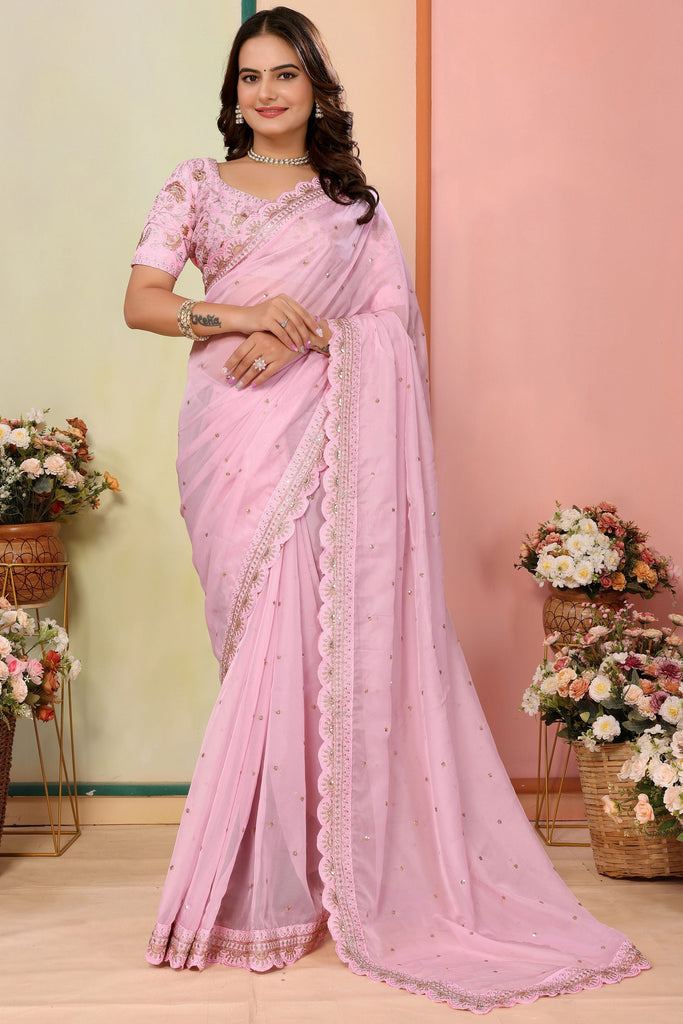 Gorgeous Baby Pink Sequins Organza Event Wear Saree With Blouse