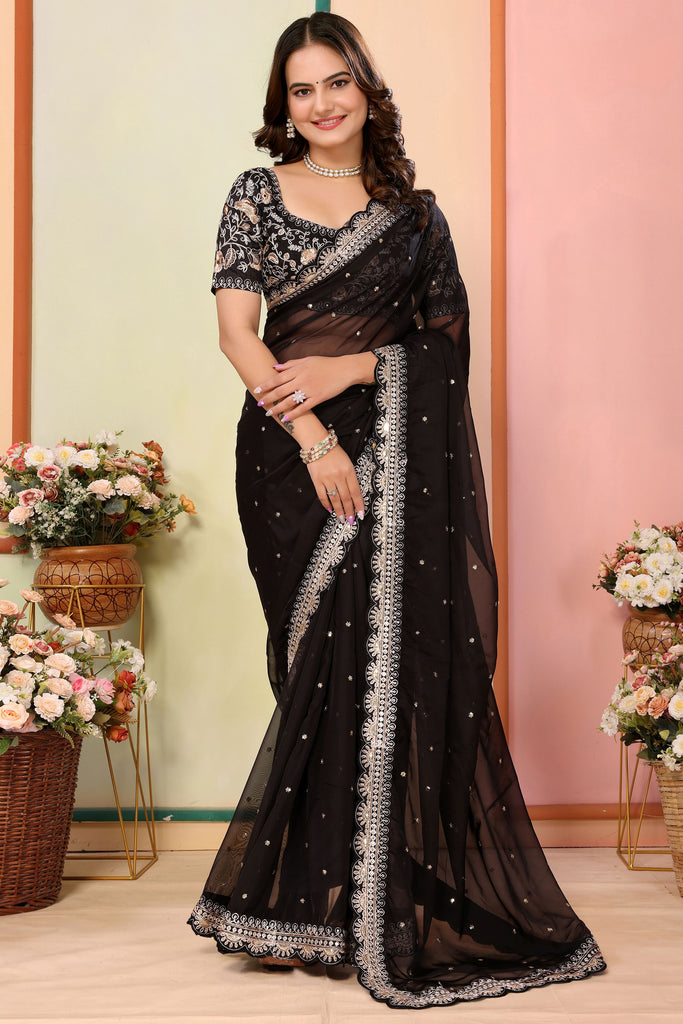 Bewitching Black Embroidered Organza Reception Wear Saree