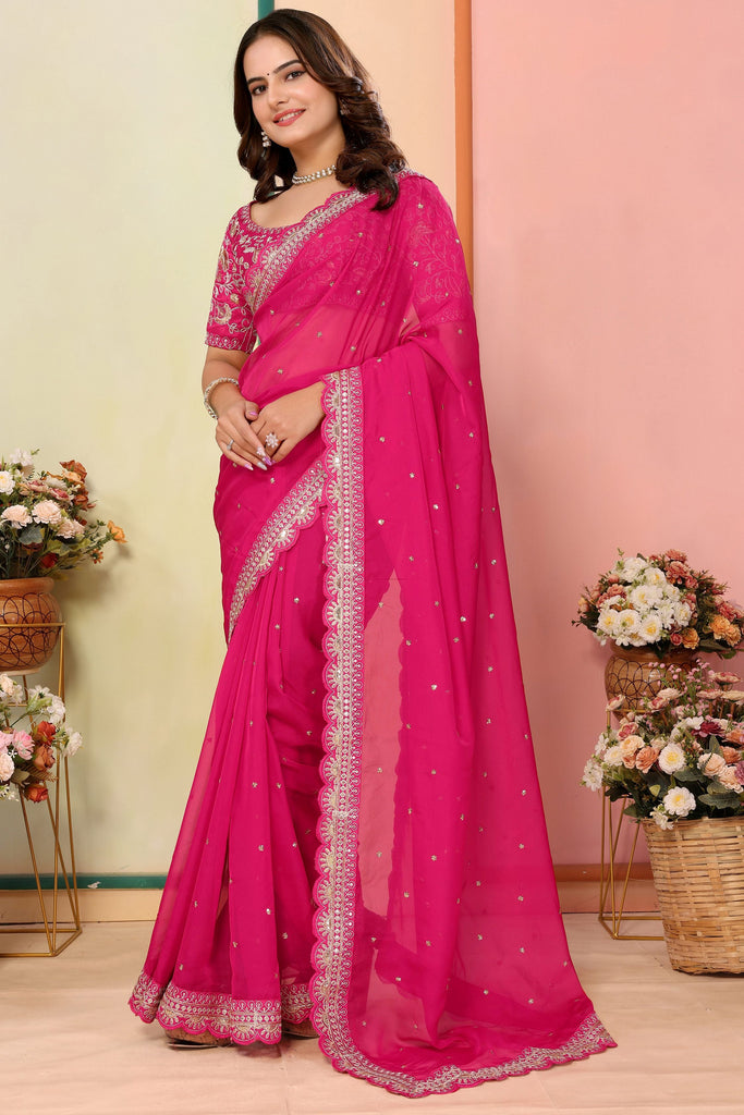 Beautiful Hot Pink Embroidered Organza Engagement Wear Saree
