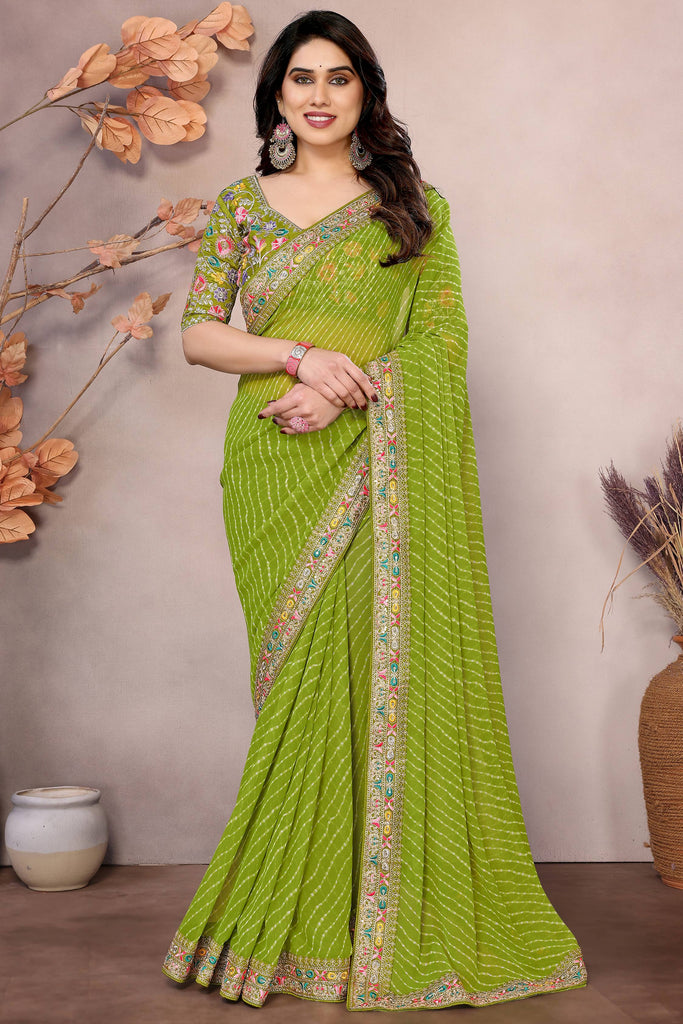 Cute Parrot Green Printed Georgette Event Wear Saree With Blouse