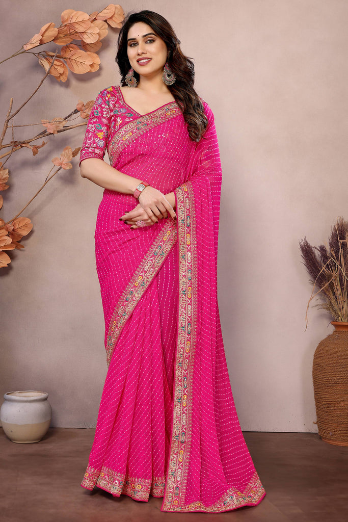 Charming Rani Pink Embroidered Georgette Festival Wear Saree