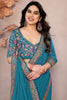 Classy Teal Blue Printed Georgette Wedding Saree With Blouse