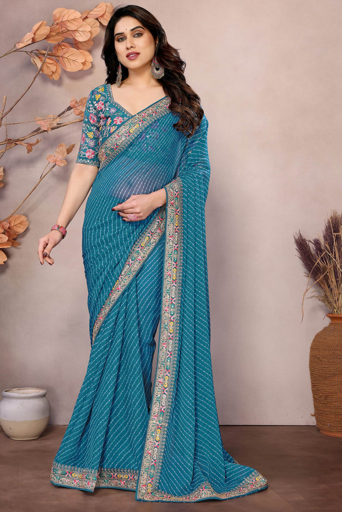 Classy Teal Blue Printed Georgette Wedding Saree With Blouse