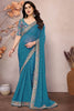 Classy Teal Blue Printed Georgette Wedding Saree With Blouse
