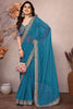 Classy Teal Blue Printed Georgette Wedding Saree With Blouse