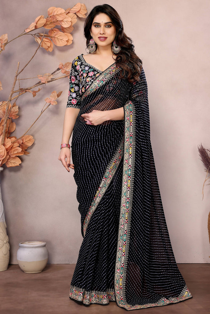 Trendy Black Leheriya Printed Georgette Party Wear Saree With Blouse