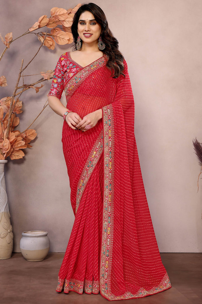 Graceful Red Embroidered Georgette Festival Wear Saree With Blouse