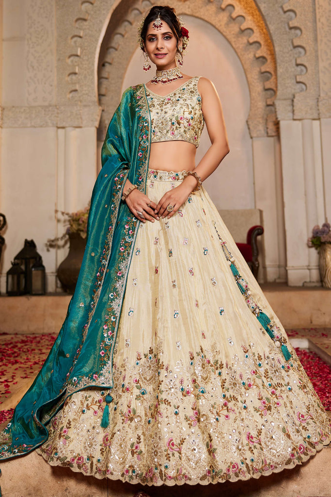 Glamorous Cream Thread Embroidered Silk Designer Lehenga Choli