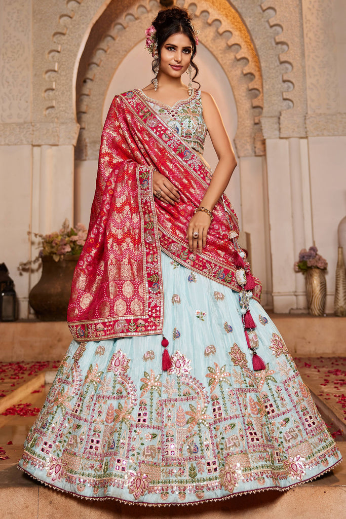 Alluring Sky Blue Thread Work Silk Engagement Wear Lehenga Choli