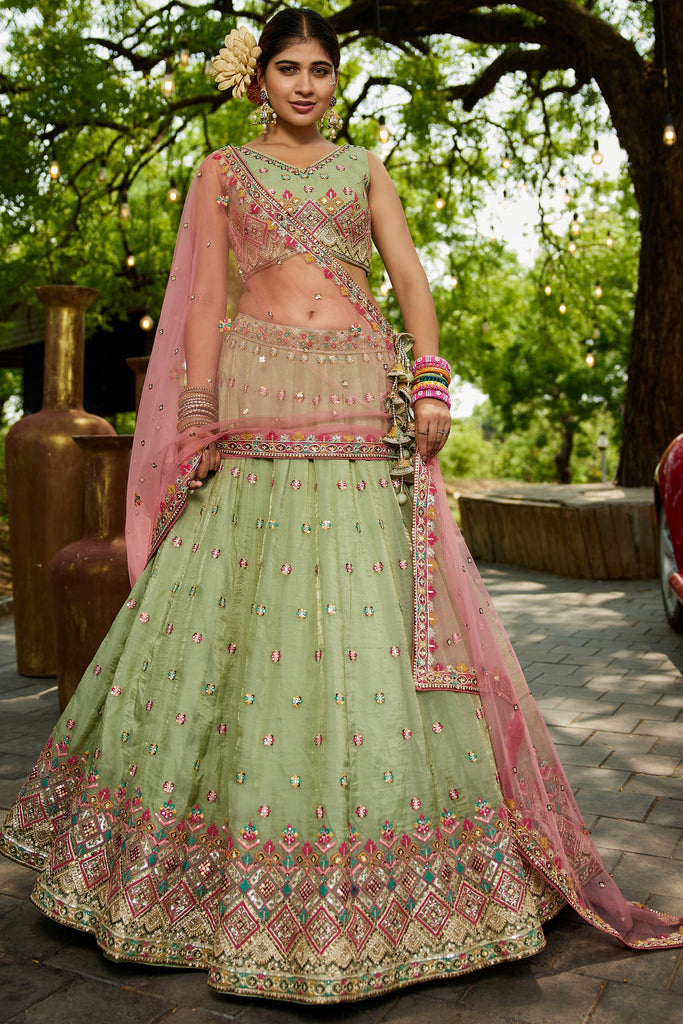 Attractive Pista Green Thread Work Lehenga Choli With Dupatta
