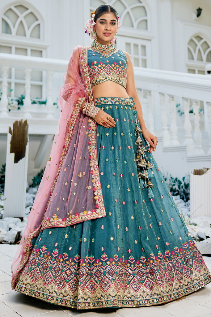 Stunning Teal Blue Sequins Silk Bridesmaid Lehenga Choli With Dupatta