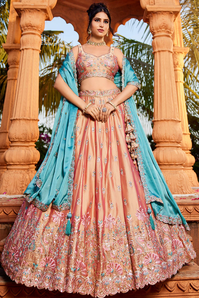 Bewitching Peach Thread Work Georgette Designer Lehenga Choli