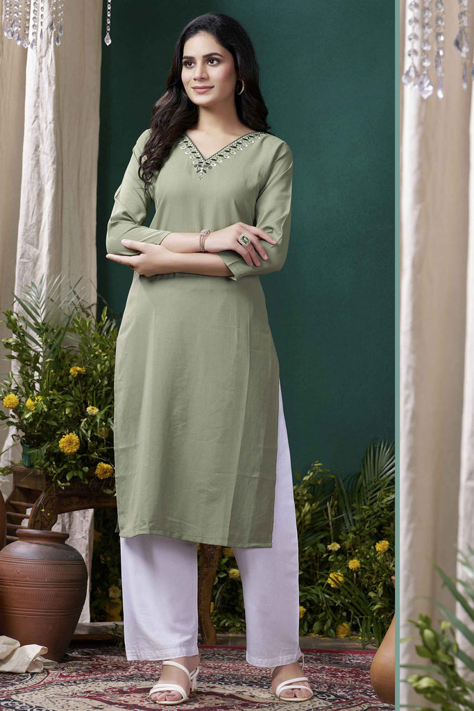 Beautiful Olive Green Hand Work Cotton Office Wear Kurti With Pant