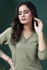 Beautiful Olive Green Hand Work Cotton Office Wear Kurti With Pant