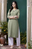 Beautiful Olive Green Hand Work Cotton Office Wear Kurti With Pant