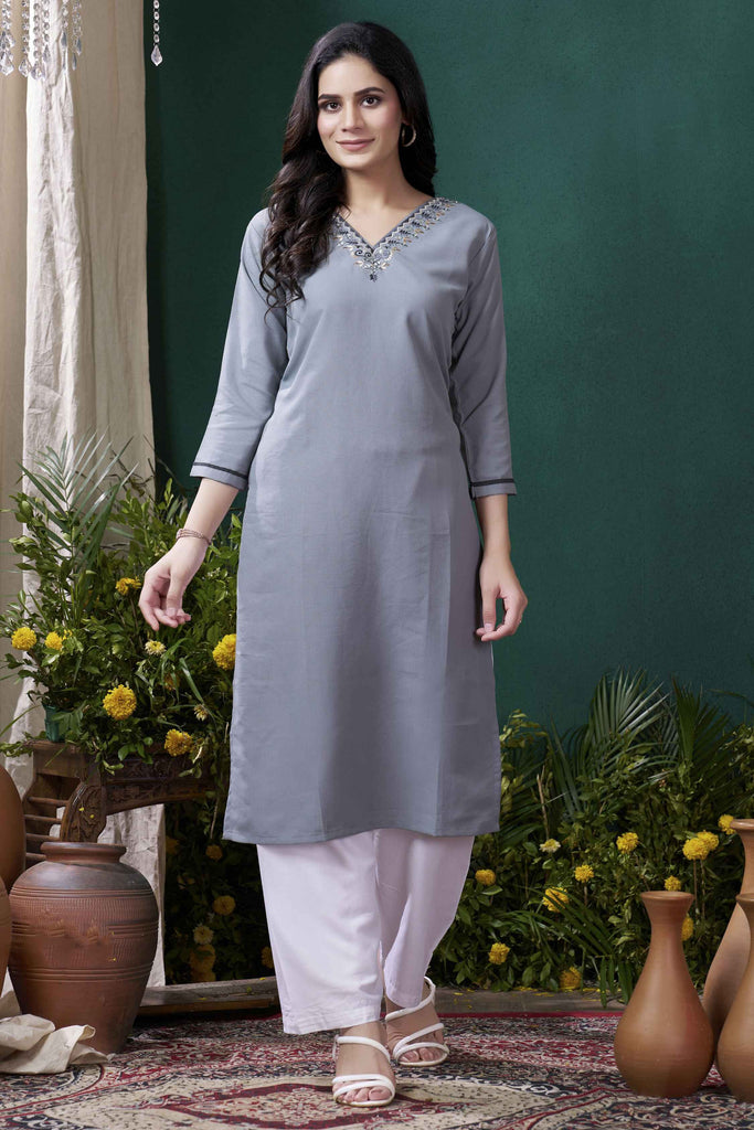 Lovable Grey Hand Work Cotton Casual Wear Kurti With Pant