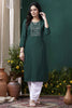 Prevailing Teal Green Hand Work Cotton Casual Wear Kurti With Pant