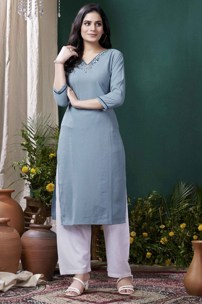 Wonderful Powder Blue Hand Work Cotton Traditional Kurti With Pant