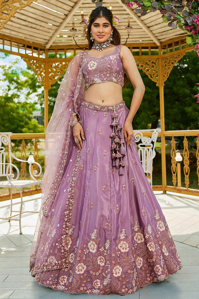 Beautiful Purple Sequins Satin Engagement Lehenga Choli With Dupatta