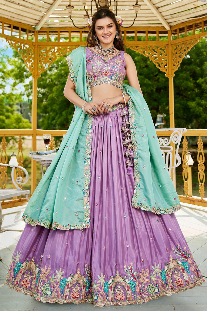 Stunning Lavender Sequins Satin Wedding Wear Lehenga Choli With Dupatta
