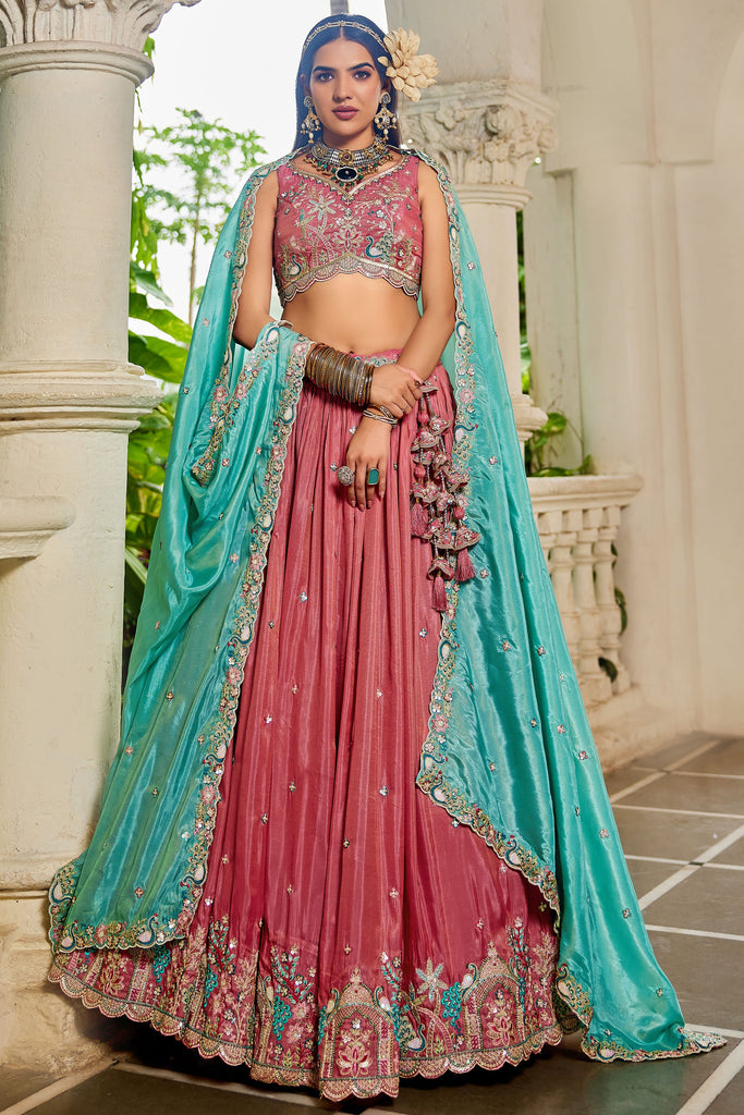 Astonishing Pink Sequins Satin Reception Wear Lehenga Choli With Dupatta