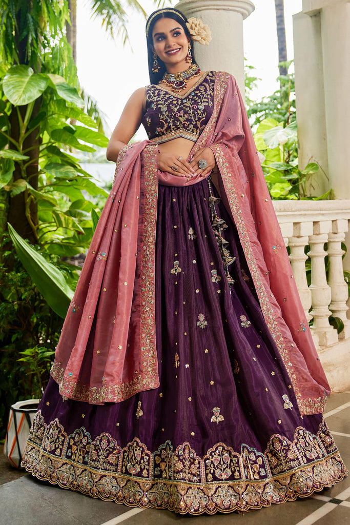 Enjoyable Burgundy Embroidered Tissue Silk Bridesmaid Lehenga Choli