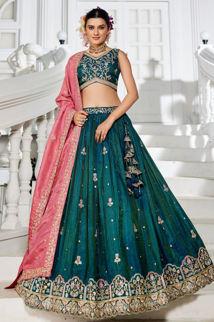Graceful Teal Green Thread Embroidered Tissue Silk Designer Lehenga Choli
