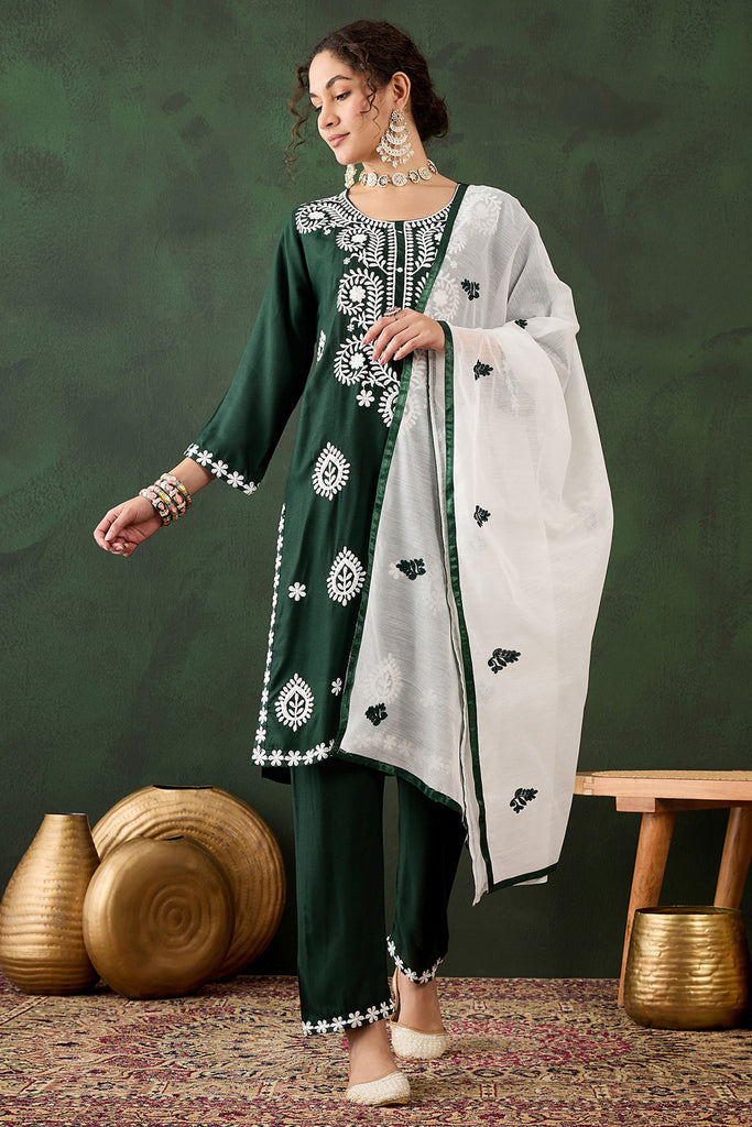 Gorgeous Green Embroidered Rayon Event Wear Pant Suit With Dupatta