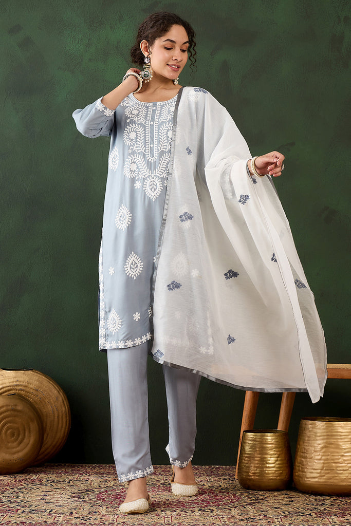 Stunning Grey Embroidered Rayon Traditional Pant Suit With Dupatta