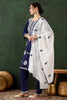 Alluring Navy Blue Embroidered Rayon Pant Suit With Dupatta