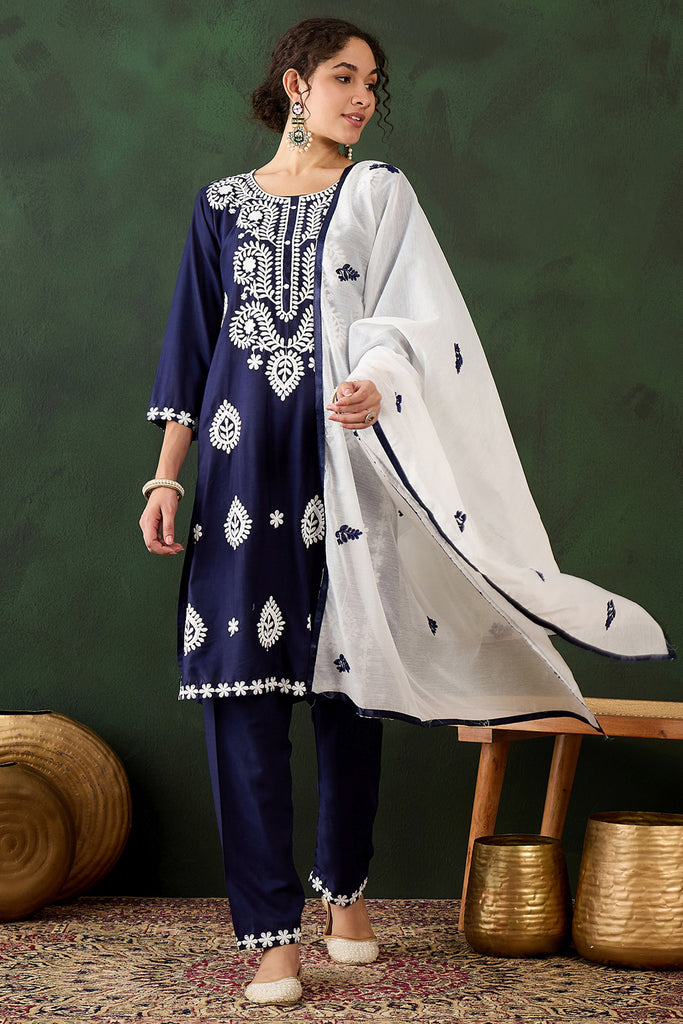 Alluring Navy Blue Embroidered Rayon Pant Suit With Dupatta