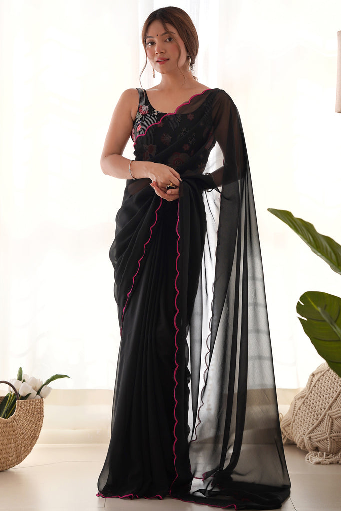 Shop Black Lace Work Georgette Saree Online At Designer Lehenga Choli