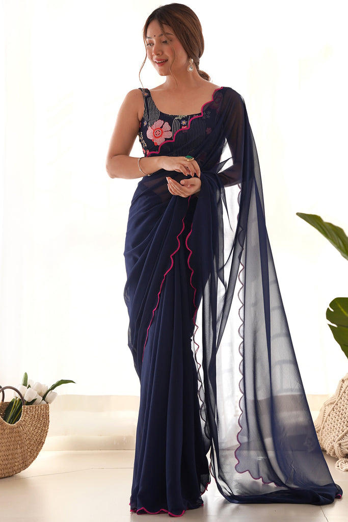 Lovely Navy Blue Lace Work Georgette Festival Wear Saree With Blouse