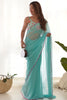 Spectacular Sky Blue Lace Work Georgette Party Wear Saree With Blouse