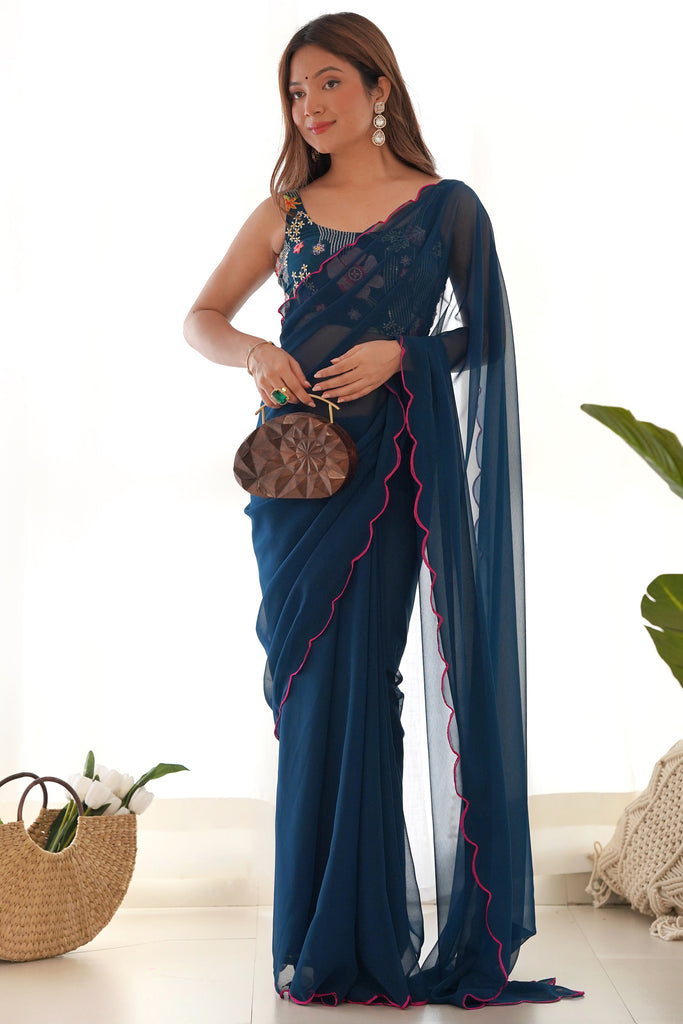 Marvelous Teal Blue Lace Work Georgette Festival Wear Saree