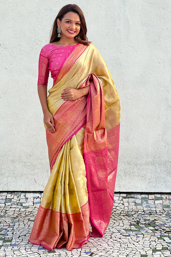 Beautiful Mustard Yellow Zari Weaving Tissue Silk Haldi Wear Saree