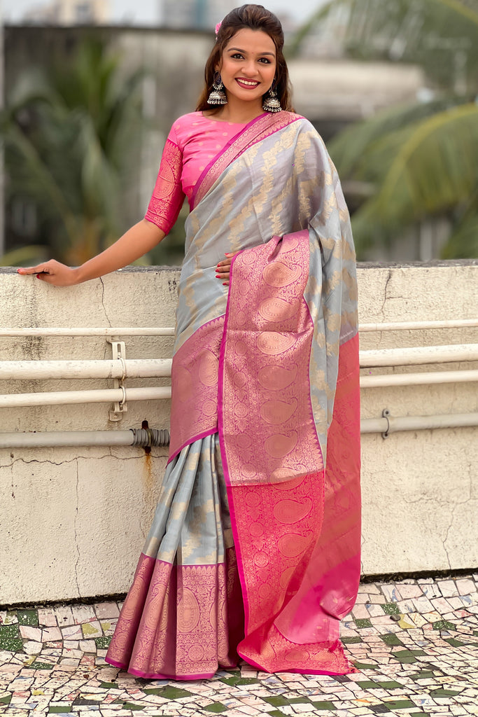 Incredible Grey Zari Weaving Tissue Silk Festival Wear Saree With Blouse