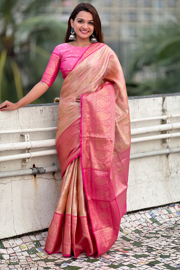 Wonderful Peach Zari Weaving Tissue Silk Traditional Saree With Blouse