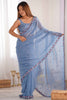 Spectacular Sky-Blue Embroidered Silk Event Wear Saree With Blouse