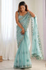 Ravishing Sky-Blue Embroidered Organza Function Wear Saree With Blouse