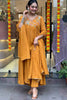 Lovable Mustard Color Embroidered Viscose Haldi Wear Pant Suit