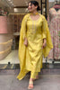 Awesome Yellow Embroidery Work Jacquard Haldi Wear Pant Suit