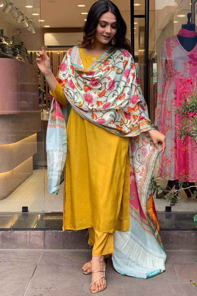 Amazing Mustard Embroidery Work Viscose Traditional Pant Suit