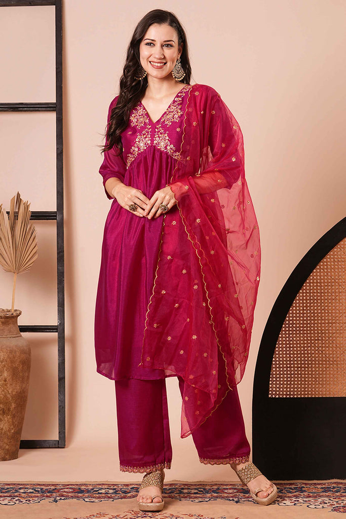 Beautiful Magenta Embroidery Work Vichitra Silk Traditional Pant Suit