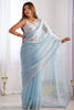 Fabulous Sky-Blue Sequins Oragnza Engagement Wear Saree