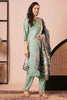 Pretty Pista Green Embroidered Silk Event Wear Pant Suit With Dupatta