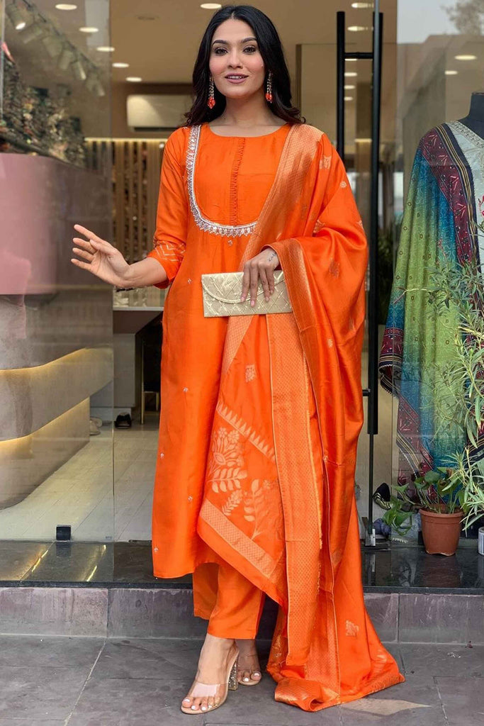 Flashy Orange Embroidered Viscose Event Wear Pant Suit With Dupatta